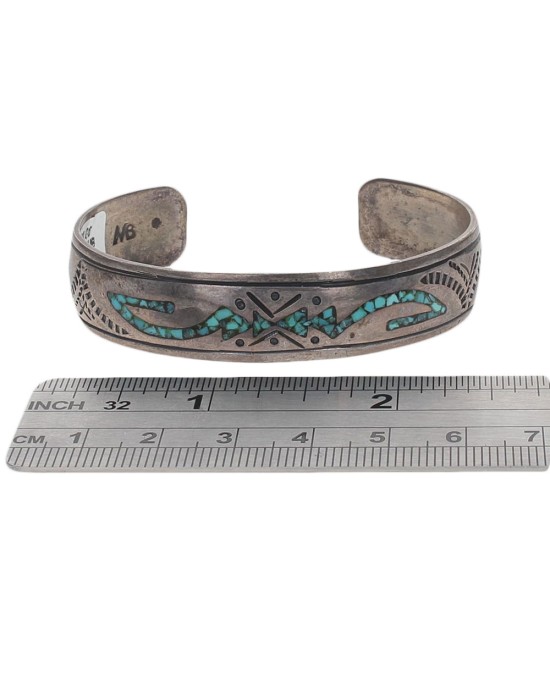 Navajo Signed BM Sterling Silver Turquoise Chip Inlay Bracelet